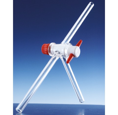 Robinet a 3 voies DURAN, complet avec cle PTFE et securte a vis en 3 parties, trou en T 2.5 mm, NS 1