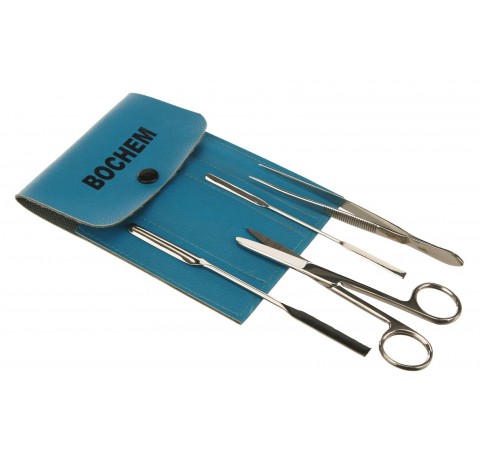 Set de laboratoire 4 outils : une micro spatule double , un ciseaux , une pincette pointue et pelle 