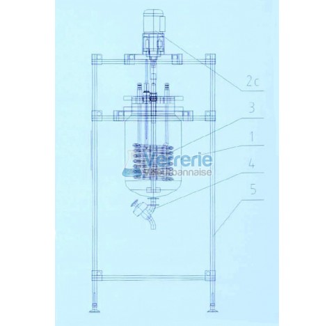 Systeme complet cuve verre 100 litres  avec vanne de fond DN 50 KZB  / olive diam 33mm , avec suppor