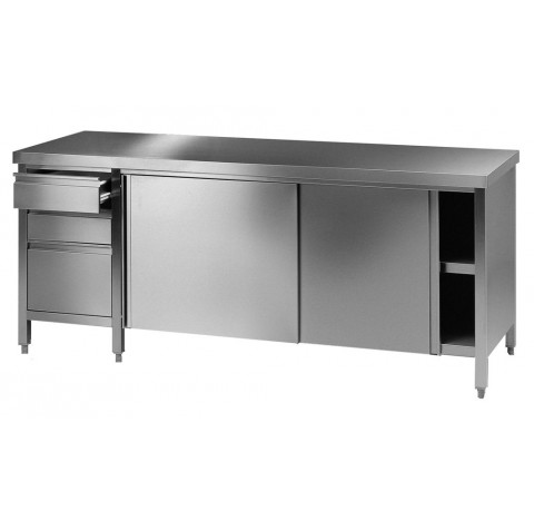 Table / paillasse de laboratoire 2100x750mm hauteur 750mm en inox avec 2 portes coulissantes et 1 bl