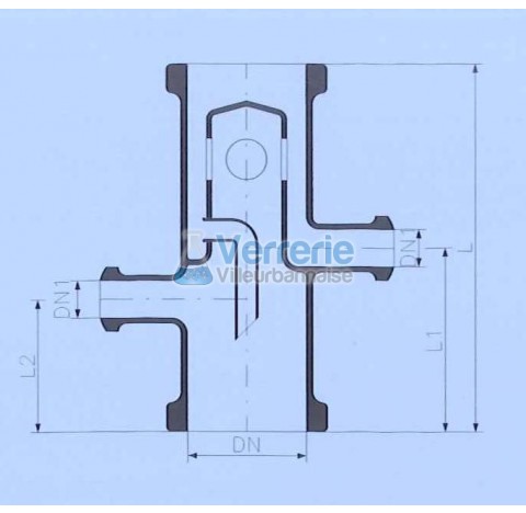 Tete de distillation avec debordement DN 200 PZ ,DN(1) 25 KZA Longueur totale 275 mm L1 : 125mm L2: 