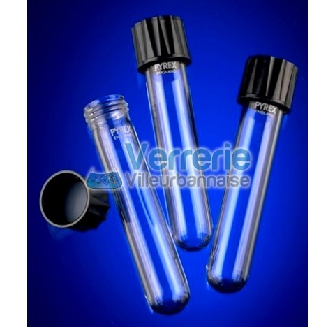 Tube a essai 25 ml Diam 18mm long 180 mm avec bouchon visse SVL18 joint PTFE boite de 40
