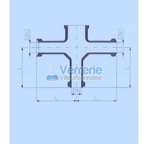Corps de valve en verre avec DN 50 KZA , DN(1) 50 KZA et DN(2) 50 KZB Longueur totale 150 mm