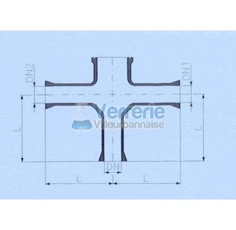 Corps de valve en verre avec DN 50 RK , DN(1) 50 RK et DN(2) 50 RK Longueur totale 150 mm