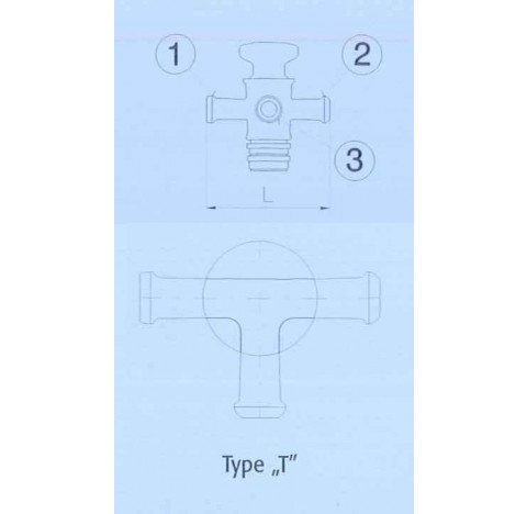 Robinet en T 3 voies 2x DN 25 KZA et un DN 25 KZB Longueur 200 mm corps et cle en verre Temp max 120
