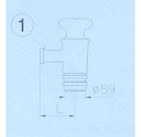 Robinet en cone un DN 50 RK et olive diam 59mm Longueur 125mm corps et cle en verre Temp max 120 deg