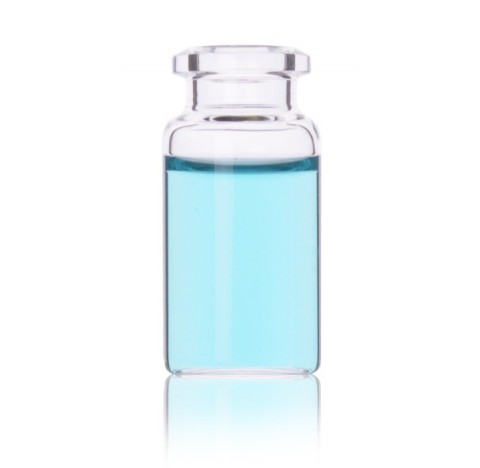 Fiole a espace de tete a fond plat, verre clair borosilicate de Type I, finition biseautee, contenan