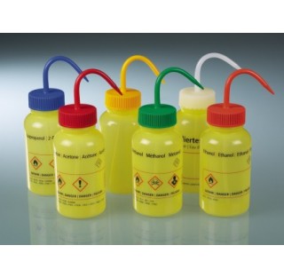 Pissette LDPE jaune 500 ml pictogramme eau distill?e en anglais , allemand , espagnol , franais diam