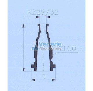 Adaptateur avec GL50 et rodage 29/32 longueur 150 mm Diametre D : 64mm