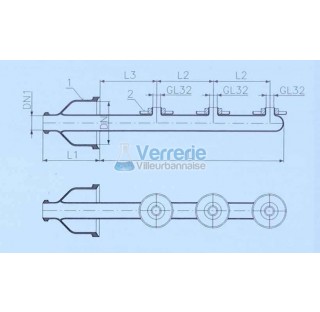 Tube d'alimentation arroseur DN 150 KZB et DN 50 KZA Longueur L: 453 mm L1: 200 mm verre industriel