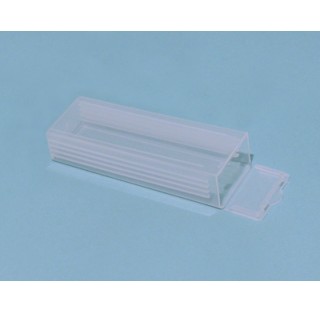 Caisse plastique plate pour 5 lames de microscope avec ouvertures en charnieres, dimensions 82x28x17