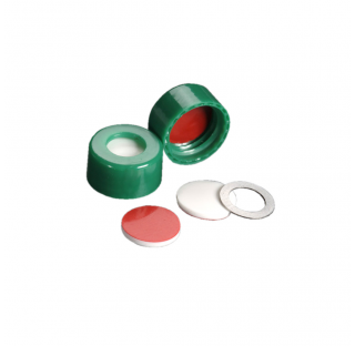 Bouchon vert 9 mm ScrewTin joint torique metallique, filete, avec septa PTFE/silicone, EVA (Boite de