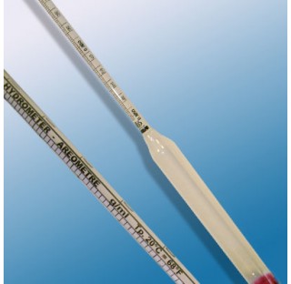 Densimetre en verre amplitude 1,000 - 1,100 g/ml  avec thermometre 0 +40 degre Celsius division 0,00