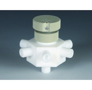 Distributeur a robinet en PTFE avec 7 GL14 pour tuyau 7x8 mm diametre 84 mm hauteur 80 mm , passage 