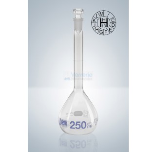 Fiole jaugee 1 litre rodee classe A en verre graduation bleue,marquage d'identification DIN EN ISO 1