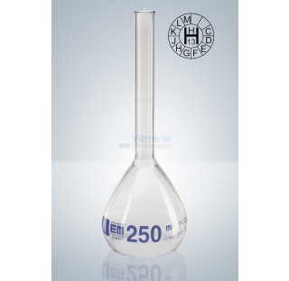 Fiole jaugee 1 litre classe A en verre , graduation bleue marquage d'identification DIN EN ISO 1042 