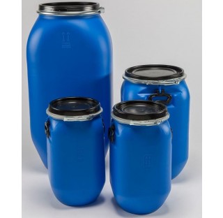 fut OT en PEHD bleu 125 litres, carre, ouverture totale, HOM. ALIM. homologue solide.