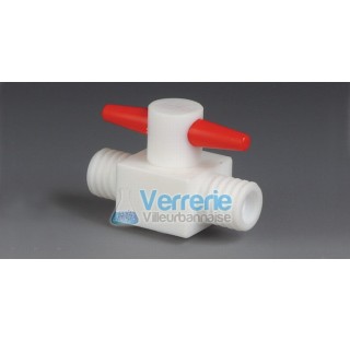 Robinet PTFE diam de passage 8 mm 2 pasde vis GL25 dim. 78x40x57mm Temps max. -30 degre a +150 degre