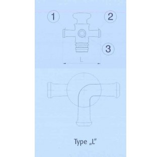 Robinet en L 3 voies 2x DN 25 KZB et un DN 25 KZA Longueur 200 mm corps et cle en verre Temp max 120