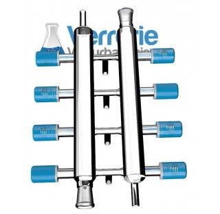 Rampe à vide double 4 sorties et 8 robinets Rotaflo 6 mm, 2x rodages 19/26 femelle et 2 sorties tubu