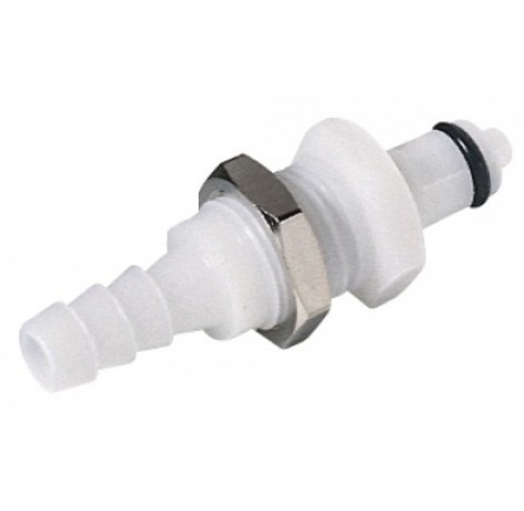 CPC coupling POM, male, w/ valve, mount.,  6,4 mm