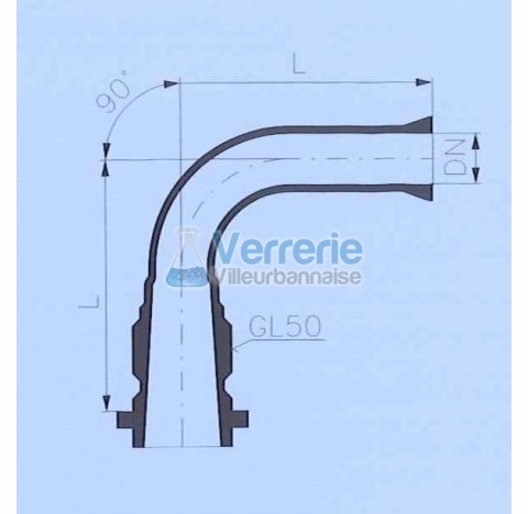 Adaptateur coude 90 degre avec pas de vis GL50 et DN 25 RK longueur L:75mm verre industriel