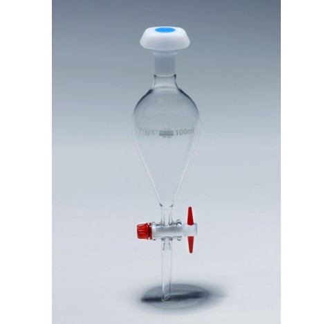 Ampoule a decanter forme poire, 50ml, Cle PTFE. Livree avec un bouchon verre et un bouchon PE