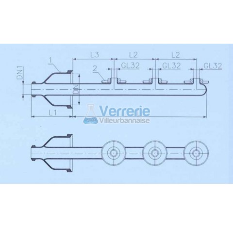 Tube d'alimentation arroseur DN 150 KZB et DN 50 KZA Longueur L: 453 mm L1: 200 mm L2: 180mm L3: 200