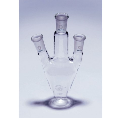 Glass flask  25 ml pear shaped , 3 sockets 10/19 , diameter 38 mm total height 89 mm
