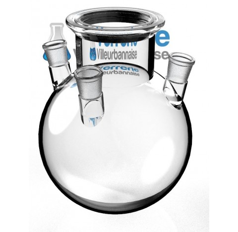 Ballon 6 litres quadricol DN100 avec rainure et 3 rodages 29/32 femelle inclinés