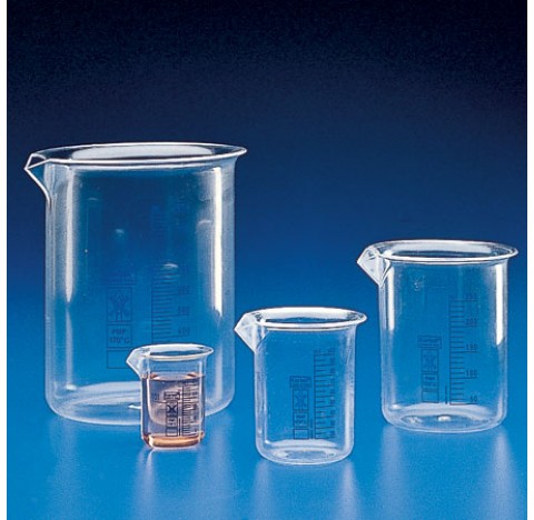 Blue graduated beaker 25 ml subdivision 1 ml tolerance +/-10% O.D. 34 mm height 49 mm wall thickness