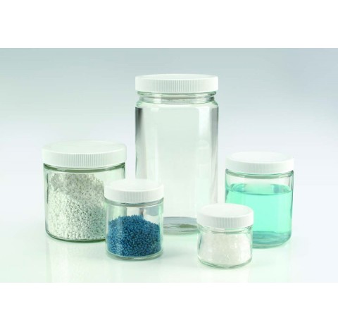 Bocal a parois droites en verre clair 32 oz, sans bouchon visse 89-400 en polypropylene blanc a join