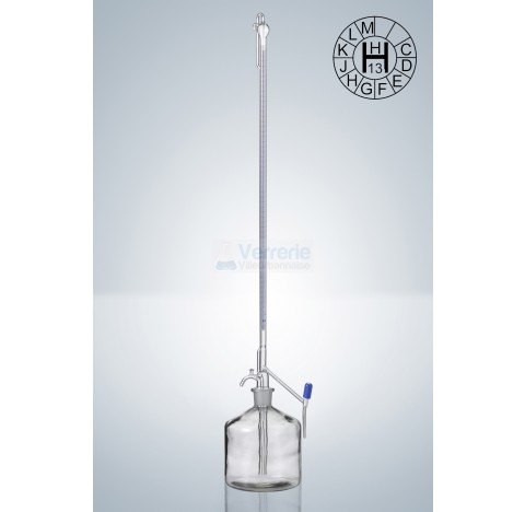 Burette de Pellet auto. 10ml subdivision : 0,02 ml classe AS robinet cle PTFE graduation bleue DIN E