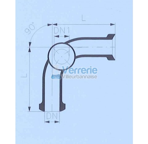 Raccord coude 90 degre en verre DN 25 KZA/KZB et piquage DN(1) 25KZB Longueur 100 mm