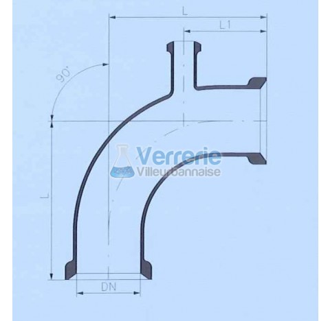 Raccord coude 90 degre en verre DN 80 KZB Longueur L:200 mm ,L1:1.5 mm avec piquage DN 25 KZA