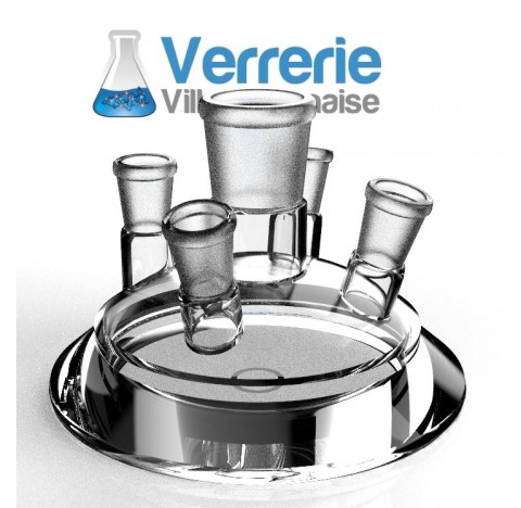 Couvercle de réacteur DN100 Schott avec un rodage central 29/32, 3 rodages inclinés 14/23 et un 14/2