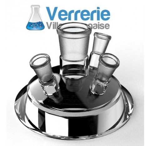 Glass lid of reactor DN 100 central socket 29/32 angled socket :3 x 14/23 height :125 mm Pression