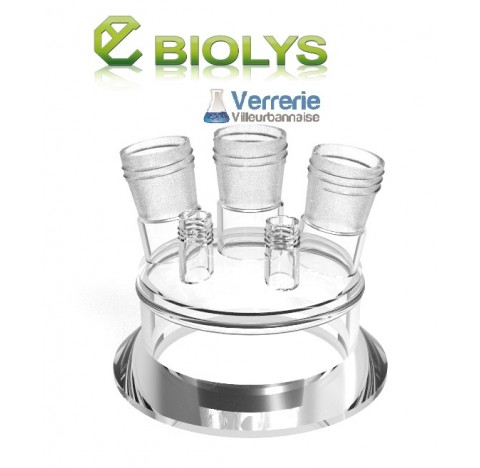 Couvercle de réacteur DN100 Schott avec un 29/32 rodaviss central, 2 rodages  29/32 rodaviss incliné