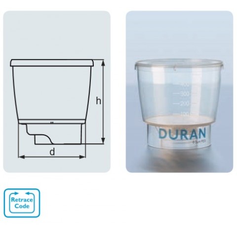 Funnel filtering for bottle GL45 500 ml , filter diameter 90 mm , pore size 0,1 mm sold by 12 funnel