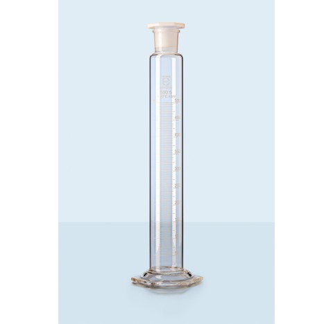 DURAN Mixing cylinder, hexagonal base, class A, batch certificate, blue graduation, main points ring