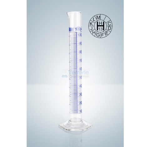 Eprouvette graduee 5 ml classe A en verre graduation bleue, Schellbach, DIN EN ISO 4788 marquage d'i