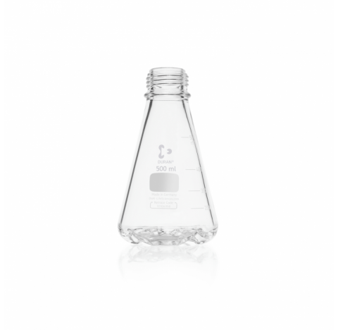 Duran baffled flask, GL 45, with 4 bottom baffles, 500 ml diameter 105 mm total height 149 mm withou