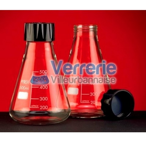 Flask erlenmeyer 250 ml with screw cap and PTFE seal SVL42 diameter of bottom 85mm height. 140mm