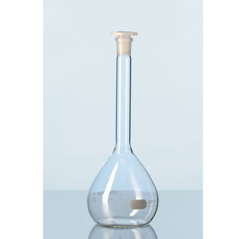 DURAN Volumetric flask,blue graduation, class A, individual certificate, with one graduation mark, p