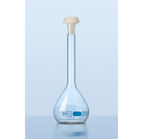 DURAN Volumetric flask,blue graduation, class AW, USP conformity, individual certificate, with one g