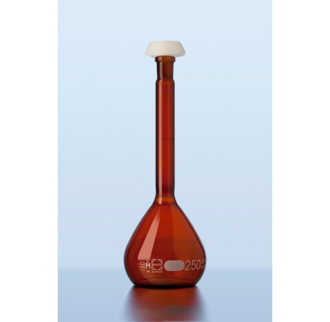 DURAN Volumetric flask, amber coloured, white graduation, class A, individual certificate, with one 