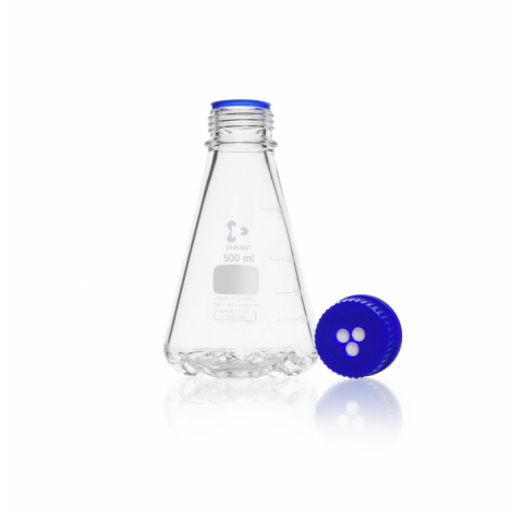 Duran baffled flask, GL 45, with 4 bottom baffles, complete with membrane screw cap, 500 ml