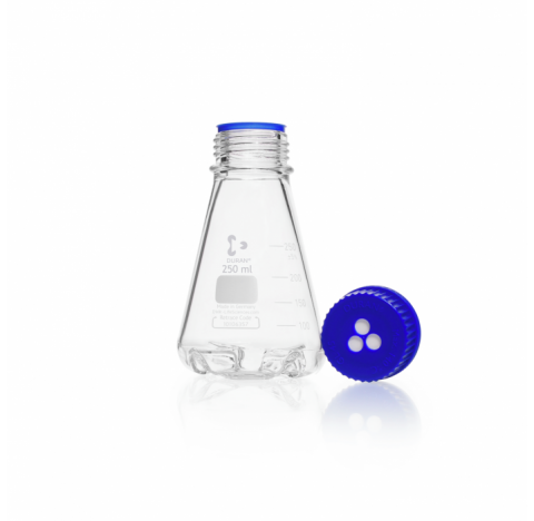 Duran baffled flask, GL 45, with 4 bottom baffles, complete with membrane screw cap, 250 ml diameter