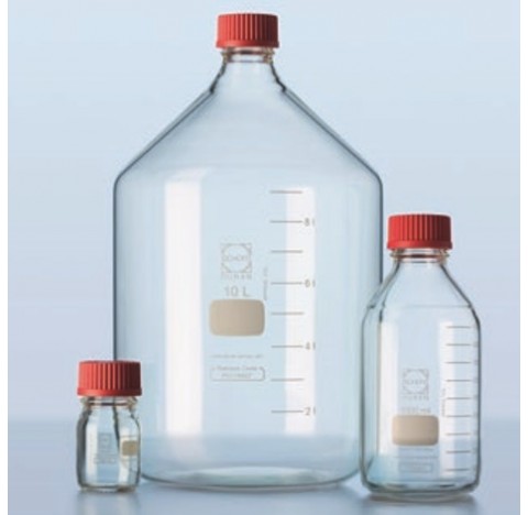 Laboratory Bottle, GL 45, clear, graduated, with high temperature red PBT crew cap and ETFE pouring 