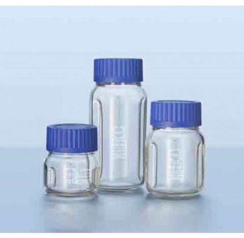 Baffled wide mouth bottle 1000 ml GLS 80, supplied complete with polypropylene pouring ring and GLS 